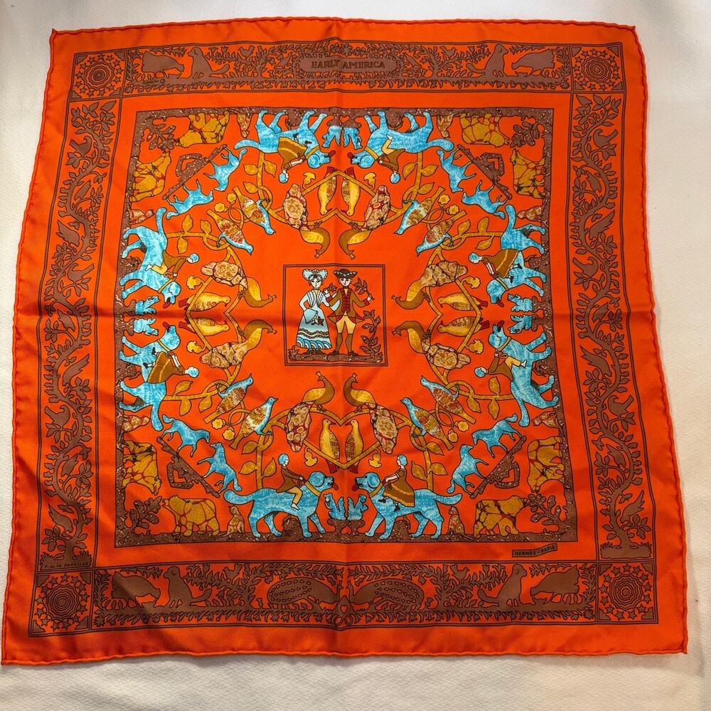 Pristine Hermes Paris "Early America" 100% Silk Pocket Square c1981 Orange